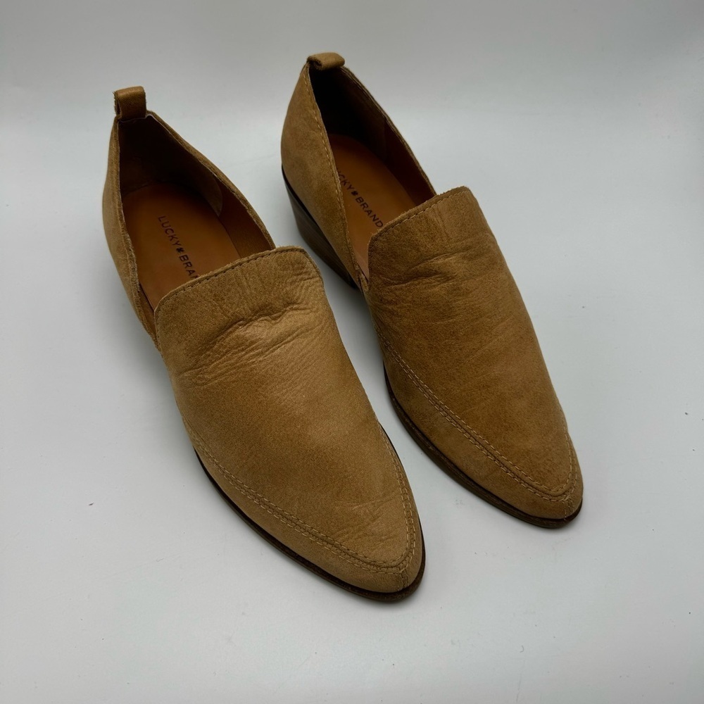 Lucky Brand Mahzan Leather Bootie Heeled Loafer Tan Brown Size 8.5 Pointed Toe